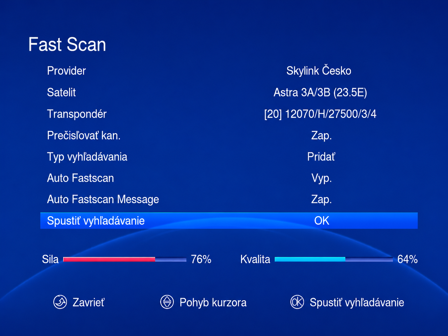 Nastavenie Fast Scan pre Skylink Česko s voľbou Pridať