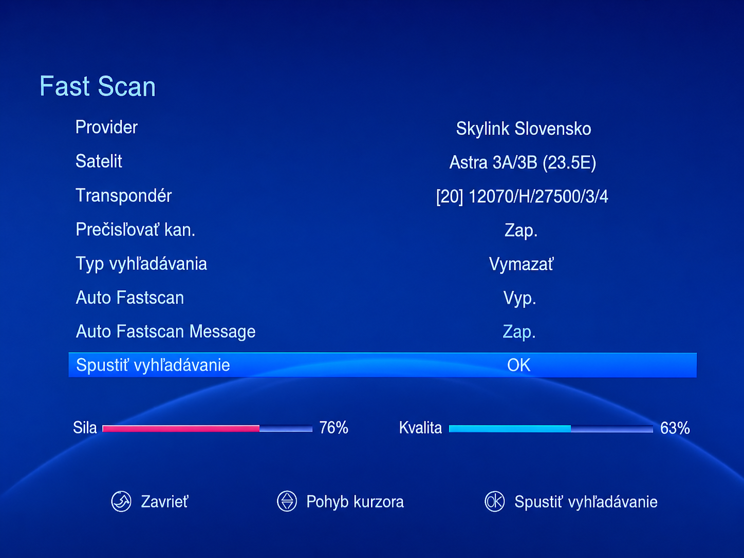 Nastavenie Fast Scan pre Skylink Slovensko s voľbou Vymazať